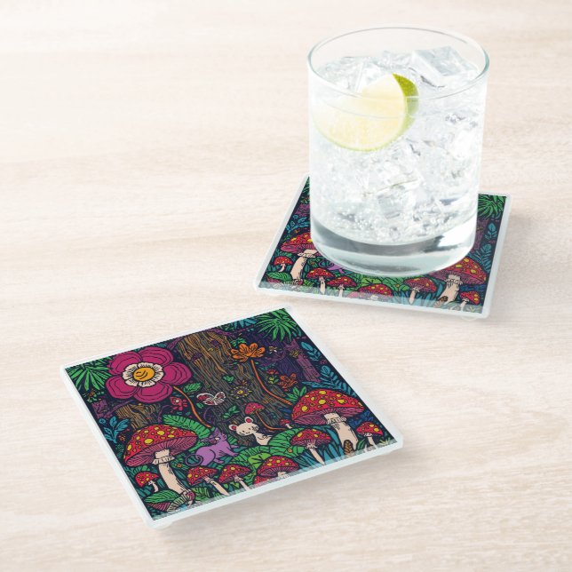 Posavasos De Vidrio Psychedelic woodland glass coaster (Angular)