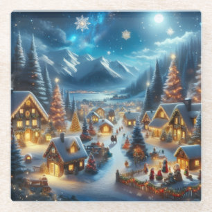 Posavasos De Vidrio Pueblo Mágico de Navidad bajo la Luz de la Luna