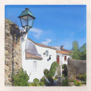 Posavasos De Vidrio Pueblo mediterráneo de acuarela