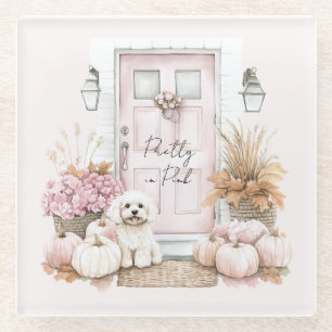 Posavasos De Vidrio Puerta Rosa Calabazas Flores Perro