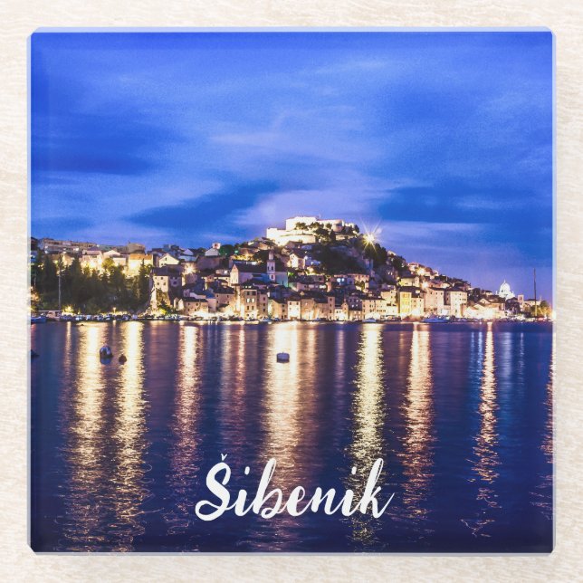 Posavasos De Vidrio Puerto iluminado en Sibenik, Croacia (Anverso)