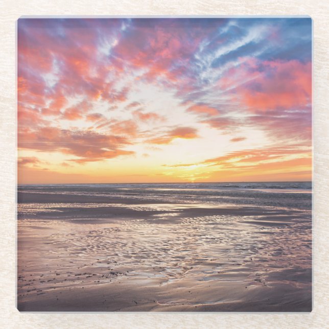 Posavasos De Vidrio Puesta de sol sobre playa y mar (Anverso)