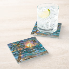 Posavasos de vidrio puesta de sol tropical