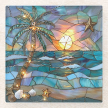 Posavasos de vidrio puesta de sol tropical