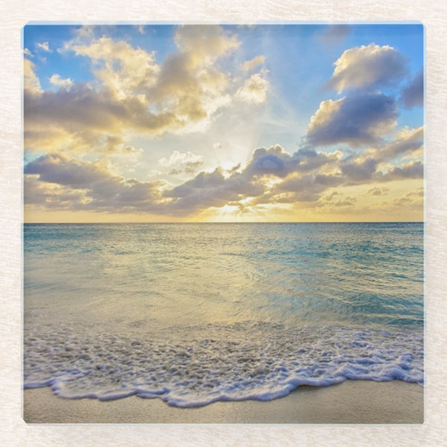 Posavasos De Vidrio Puesta del sol de Aruba sobre el mar móvil (Anverso)
