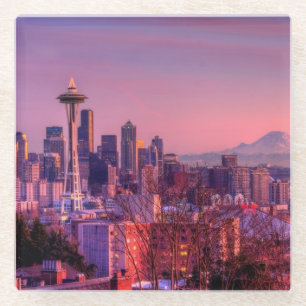 Posavasos De Vidrio Puesta del sol detrás del horizonte de Seattle de