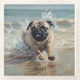 Posavasos De Vidrio Pug feliz en el personalizable de la playa