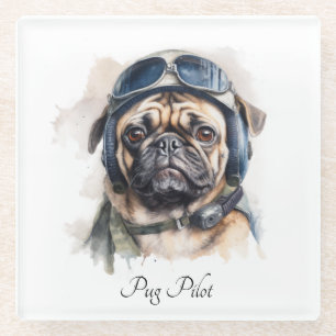 Posavasos De Vidrio Pug Piloto Vintage Aviador Nombre Personalizado