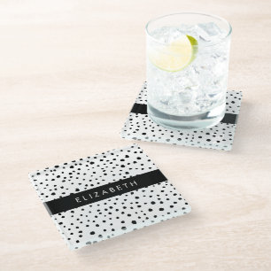 Posavasos De Vidrio Puntos dálmatas, puntos, negro y blanco, tu nombre