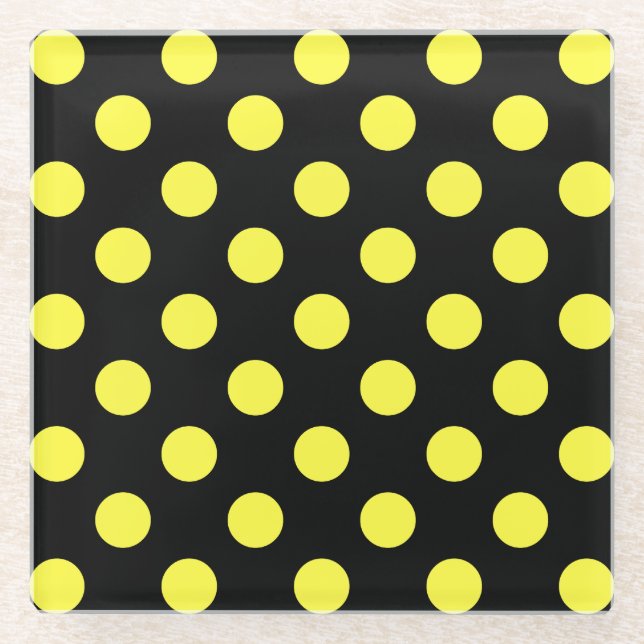 Posavasos De Vidrio Puntos de polka amarillos sobre fondo negro (Anverso)