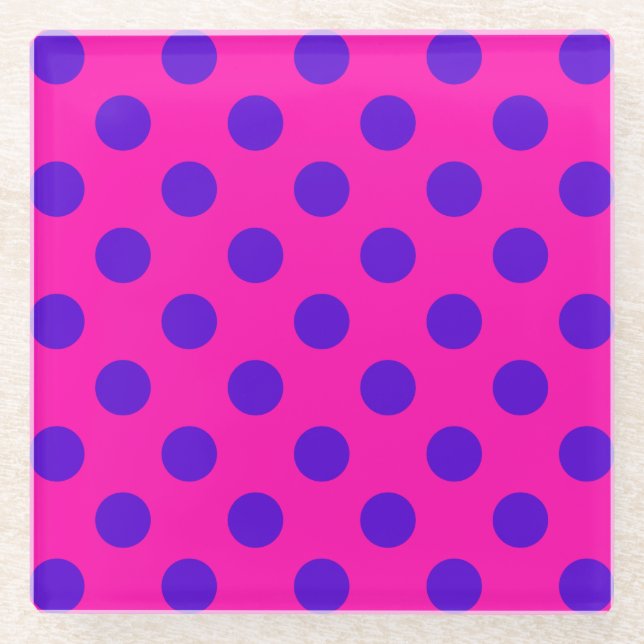 Posavasos De Vidrio Puntos de polka azul en fuchsia (Anverso)