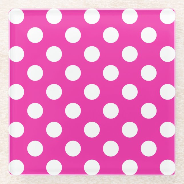 Posavasos De Vidrio Puntos de polka blanco en fuchsia (Anverso)