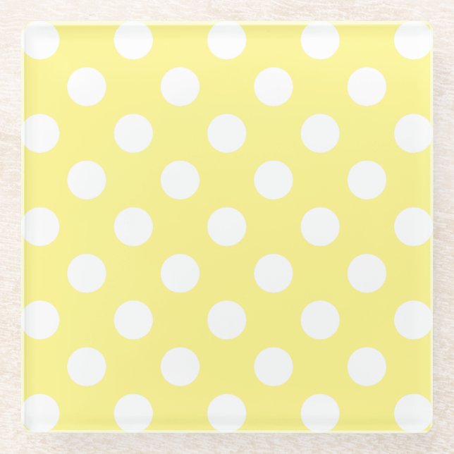 Posavasos De Vidrio Puntos de polka blanco sobre amarillo limón (Anverso)