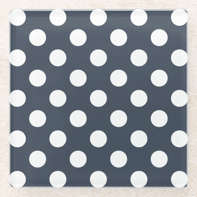 Posavasos De Vidrio Puntos de polka blanco sobre gris azul (Anverso)