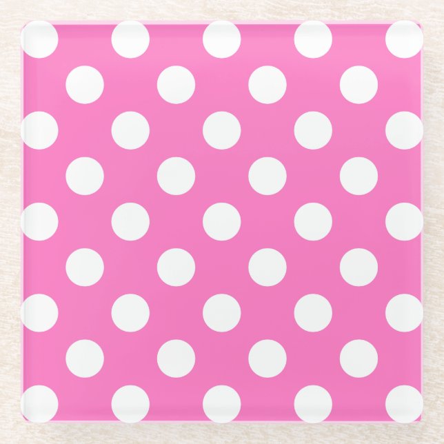 Posavasos De Vidrio Puntos de polka blanco sobre rosa (Anverso)