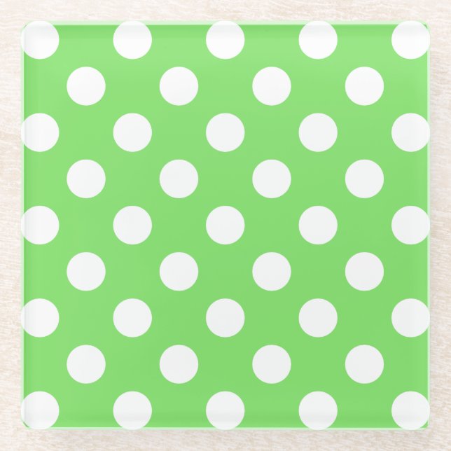Posavasos De Vidrio Puntos de polka blanco sobre verde manzana (Anverso)