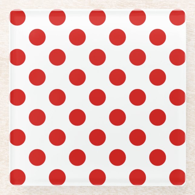 Posavasos De Vidrio Puntos de polka rojos y blancos (Anverso)