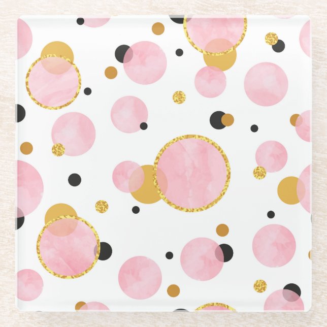 Posavasos De Vidrio Puntos dorados rosados, geométricos vintage. (Anverso)
