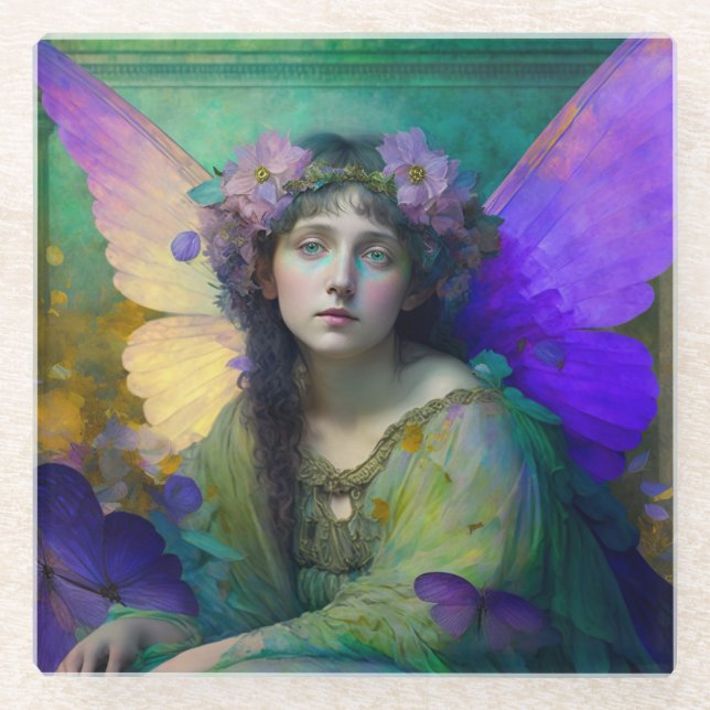 Posavasos De Vidrio Purple Green Fairy Fantasy Art (Anverso)