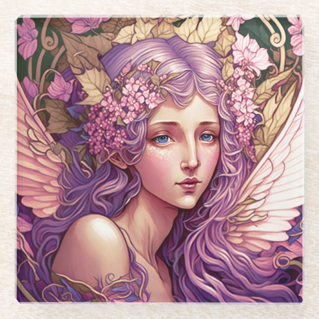 Posavasos De Vidrio Purple Hair Fairy Angel Fantasy Art (Anverso)