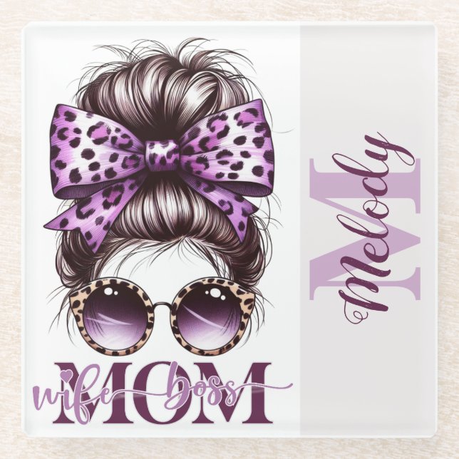 Posavasos De Vidrio Purple Messy Bun Mom Wife Boss (Anverso)