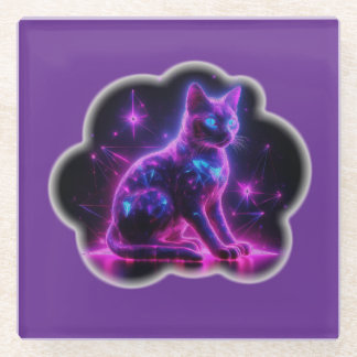 Posavasos De Vidrio Purple Neon Siamese Cat With Blue Eyes & Starburst