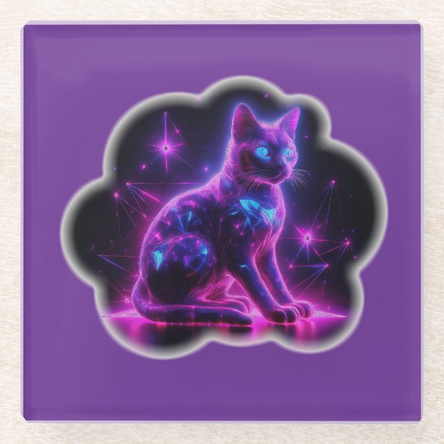 Posavasos De Vidrio Purple Neon Siamese Cat With Blue Eyes & Starburst (Anverso)