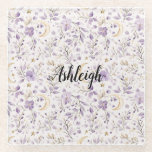 Posavasos De Vidrio Purple White Moons & Stars Floral<br><div class="desc">Purple White Moons & Stars Floral</div>