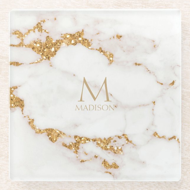 Posavasos De Vidrio Purpurina de mármol moderno Monograma Gold ID816 (Anverso)
