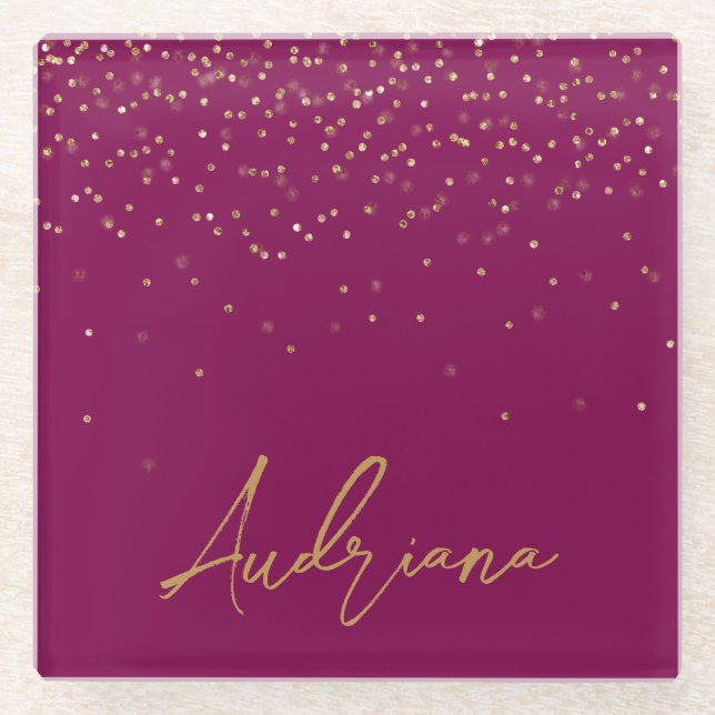Posavasos De Vidrio Purpurina de nombres dorados personalizados rosado (Anverso)