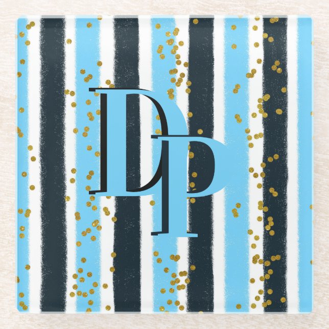 Posavasos De Vidrio Purpurina de oro de banda azul de moda Monograma G (Anverso)