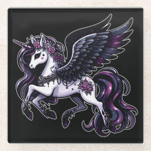 Posavasos De Vidrio Purpurina de unicornio cósmico pegasus oscuro
