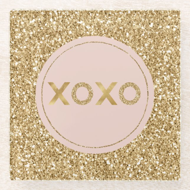Posavasos De Vidrio Purpurina Glitzy Gold Rubor Amor Rosa XOXO (Anverso)