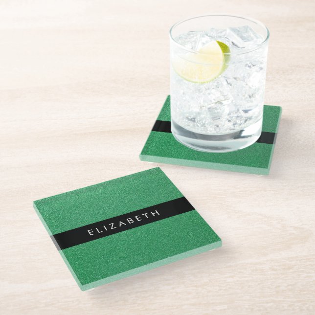 Posavasos De Vidrio Purpurina verde, fondo Purpurina, nombre (Angular)