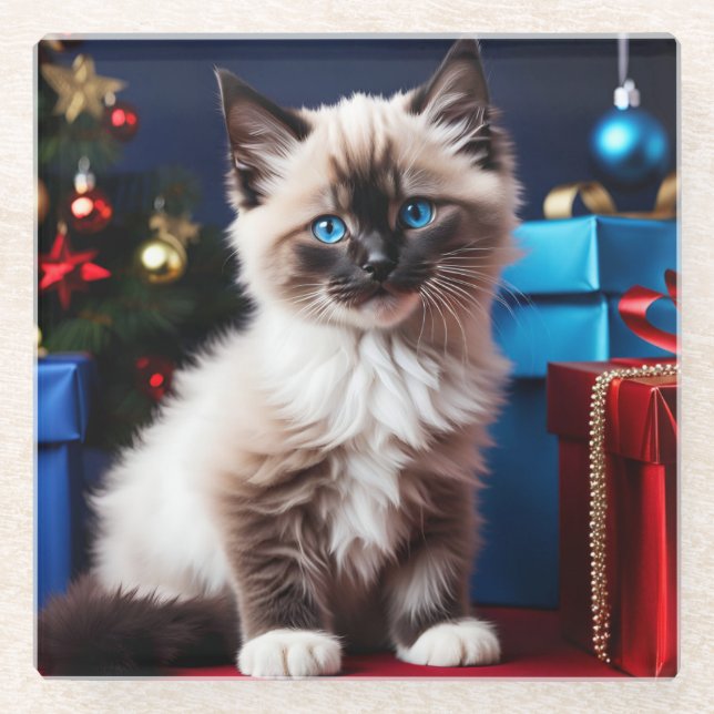 Posavasos De Vidrio Ragdoll Kitten Christmas Present (Anverso)