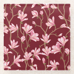 Posavasos De Vidrio Ramas de Magnolia: Ilustración Vintage en Flor.