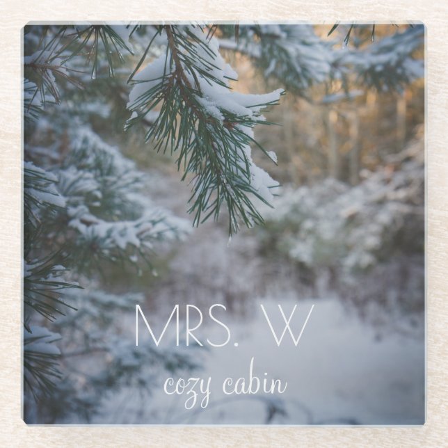 Posavasos De Vidrio Ramas de pino cubiertas de nieve (Anverso)