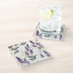 Posavasos De Vidrio Ramilletes de lavanda Botánico acuarela púrpura fl