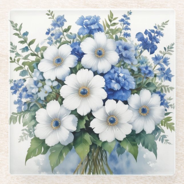 Posavasos De Vidrio Ramo de Flores Acuarela Elegante (Anverso)