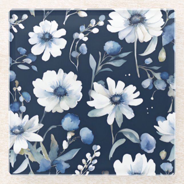 Posavasos De Vidrio Ramo de Flores Acuarela Elegante Azul (Anverso)