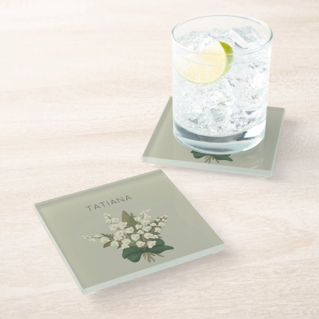 Posavasos De Vidrio Ramo floral de lirio de mayo con nombre personaliz (Angular)