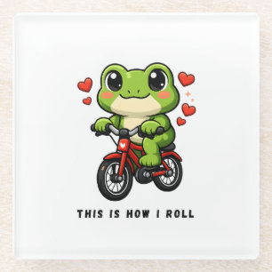 Posavasos De Vidrio Rana Ciclista Adorable   Arte de Rana Kawaii en Bi