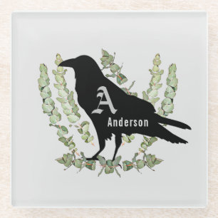 Posavasos De Vidrio Raven Monograma Espíritu Animal Eucalyptus