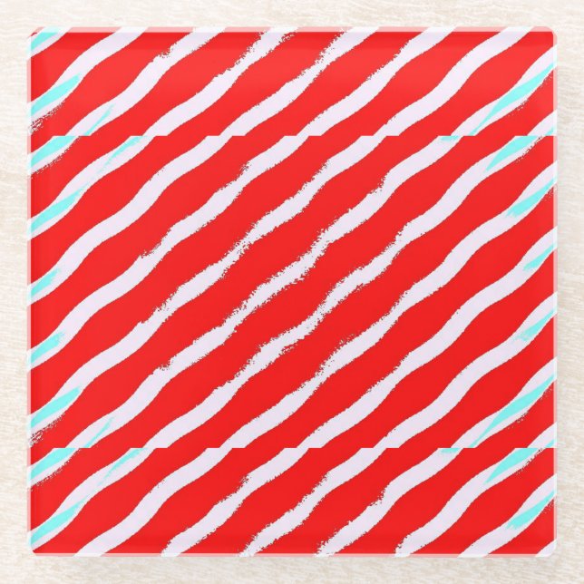 Posavasos De Vidrio Raya ondulada diagonal roja y blanca (Anverso)