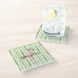 Posavasos De Vidrio Rayas blancas verdes Flamingo rosa