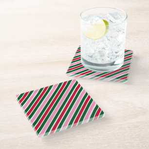 Posavasos De Vidrio Rayas de bastón de caramelo de Navidad rosadas ver