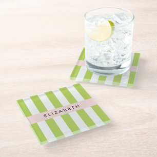 Posavasos De Vidrio Rayas verdes, líneas, patrón rayado, nombre