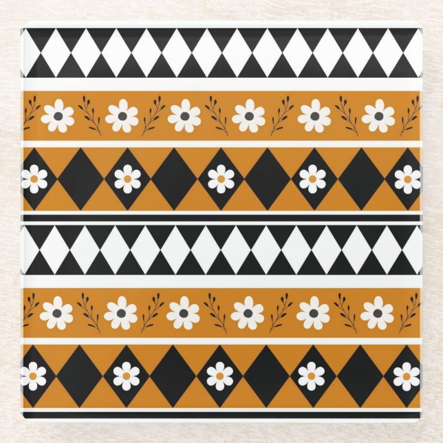 Posavasos De Vidrio Rayo de borde Flor Diamante Boho Patrón floral (Anverso)