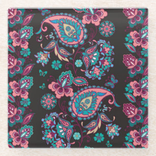 Posavasos De Vidrio Rayo Paisley: negro decorativo sin foco