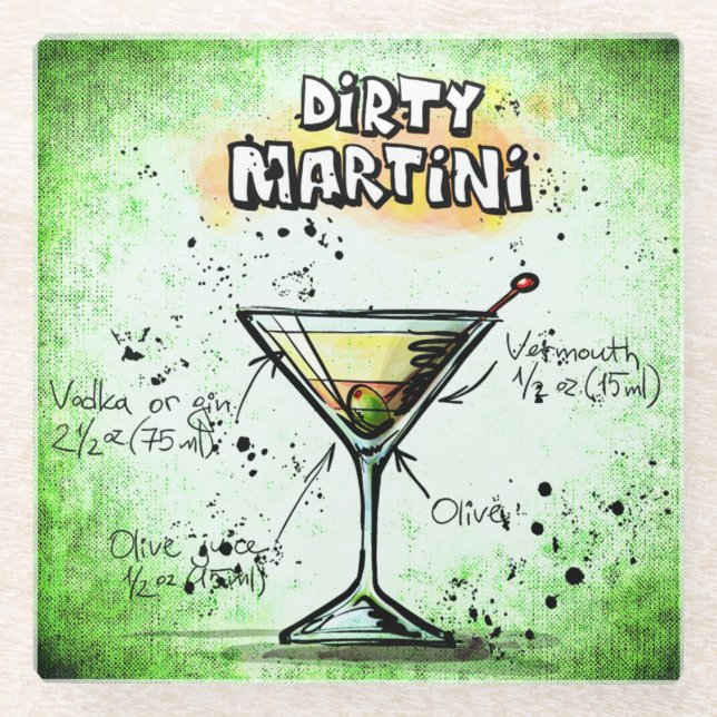 Posavasos De Vidrio Receta sucia de bebida Martini (Anverso)